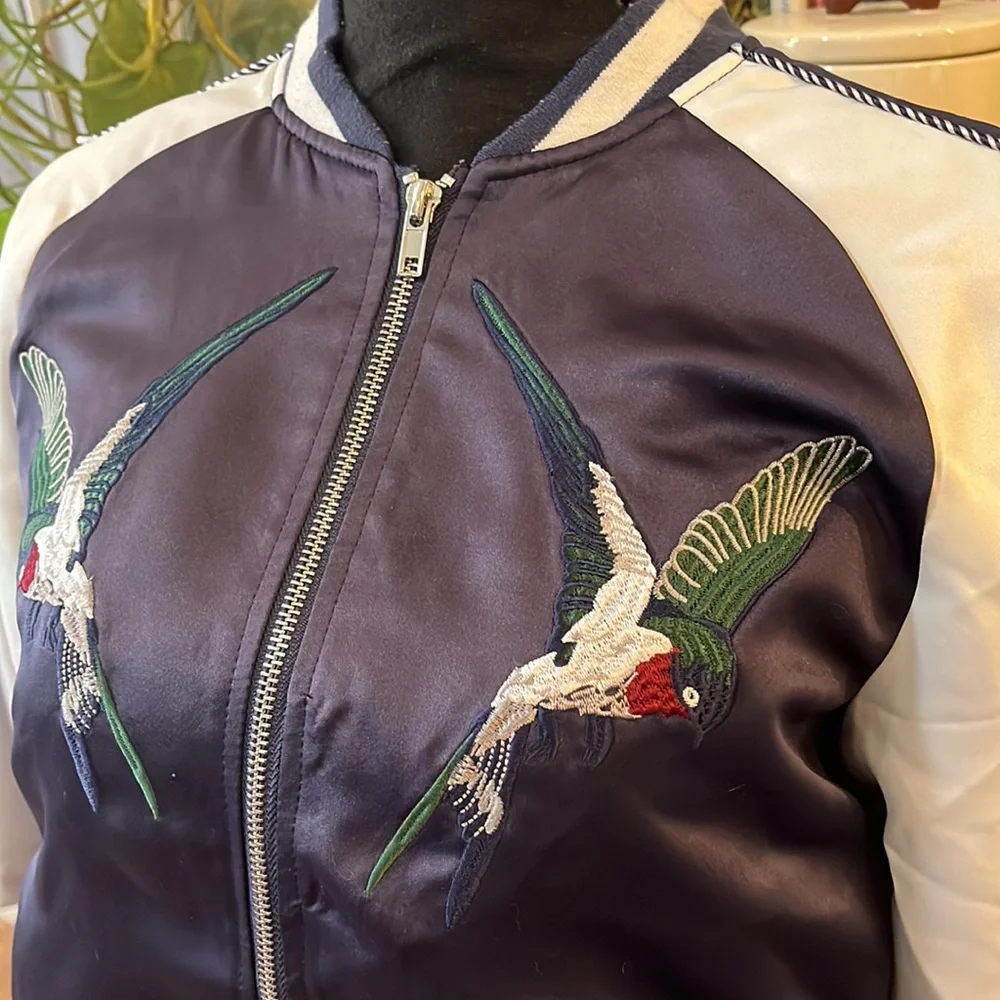 ESCALIER SATIN BOMBER JACKET WITH BIRD DETAIL NAVY BLUE WHITE SIZE SMALL
